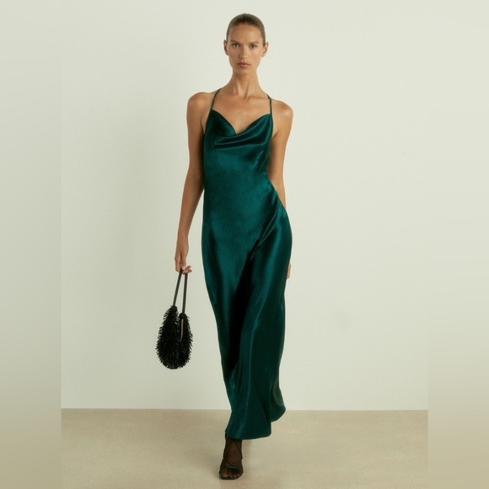 Reiss Paisley Cowl Neck Satin Slip Dress in Teal Sz. 10 NWT!